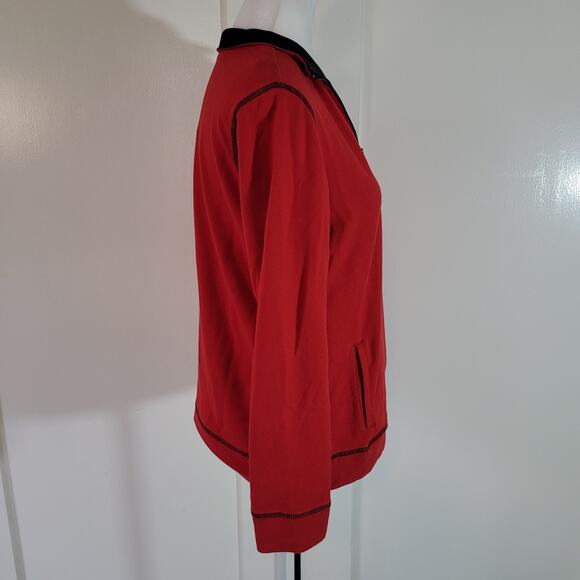Chico's Size 0 US S Weekends Pullover Red Black Henley 1/4 Zip Sweatshirt Casual - Picture 2 of 10